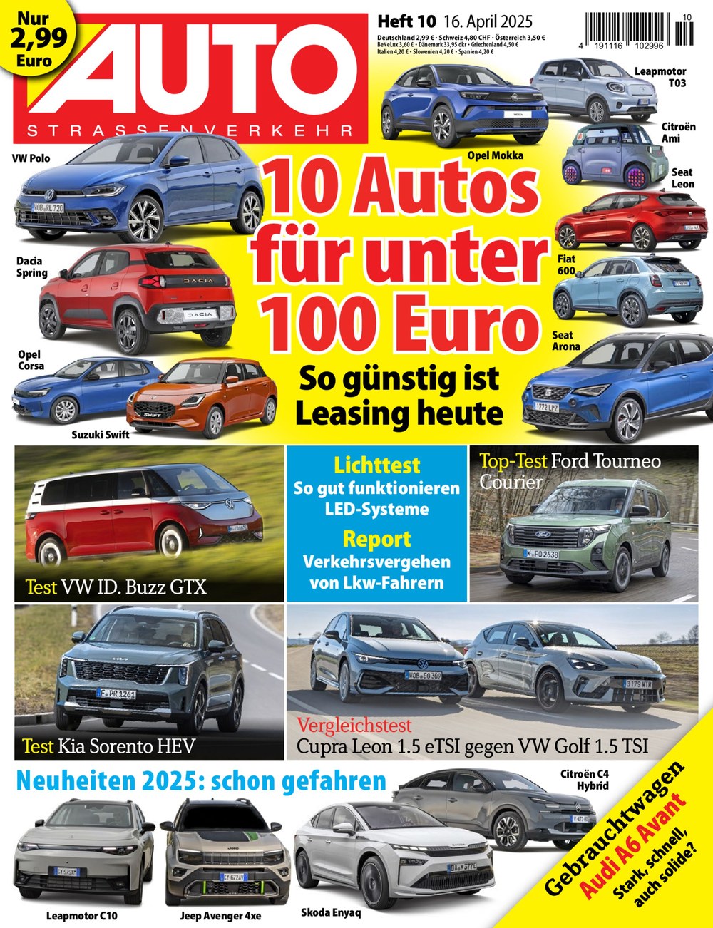 AUTO Strassenverkehr Magazin Deutschland 2025-10 Autoleasing Unter 100 Euro VW Polo Dacia Spring