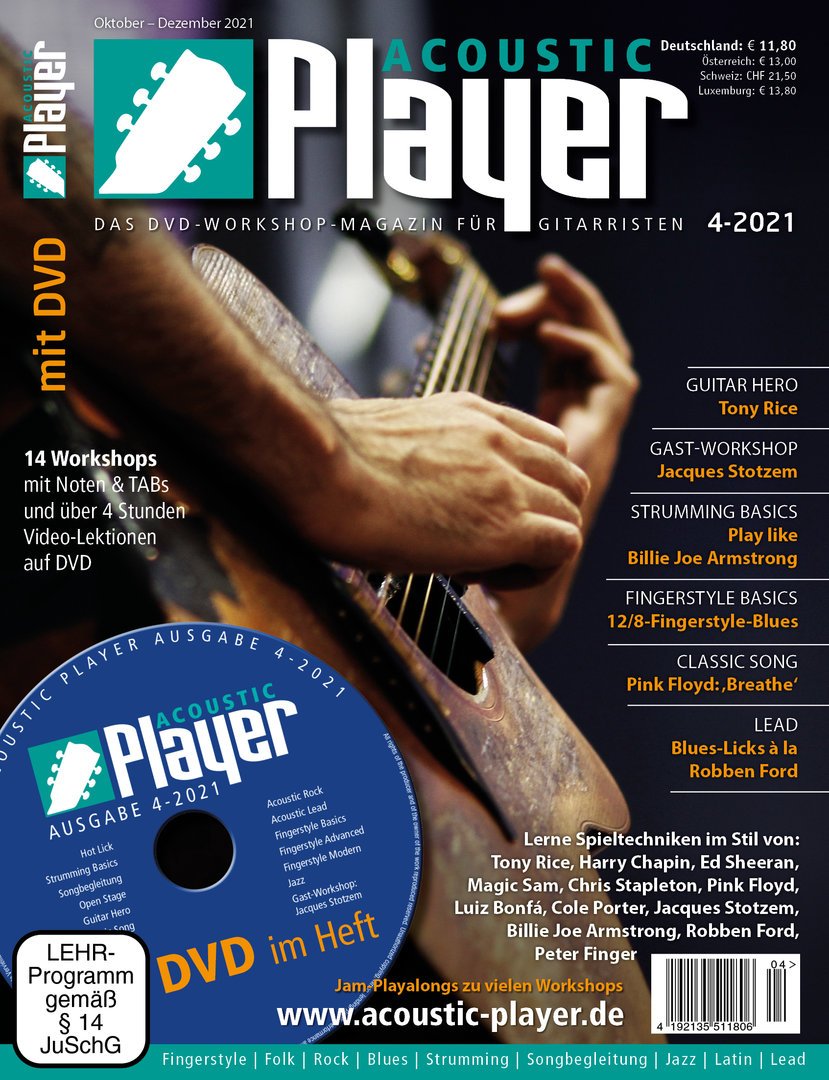 Acoustic Player Rivista Germania 2021-04 – Tony Rice Jacques Stotzem Billie Joe Armstrong Robben Ford Harry Chapin – Edizione originale
