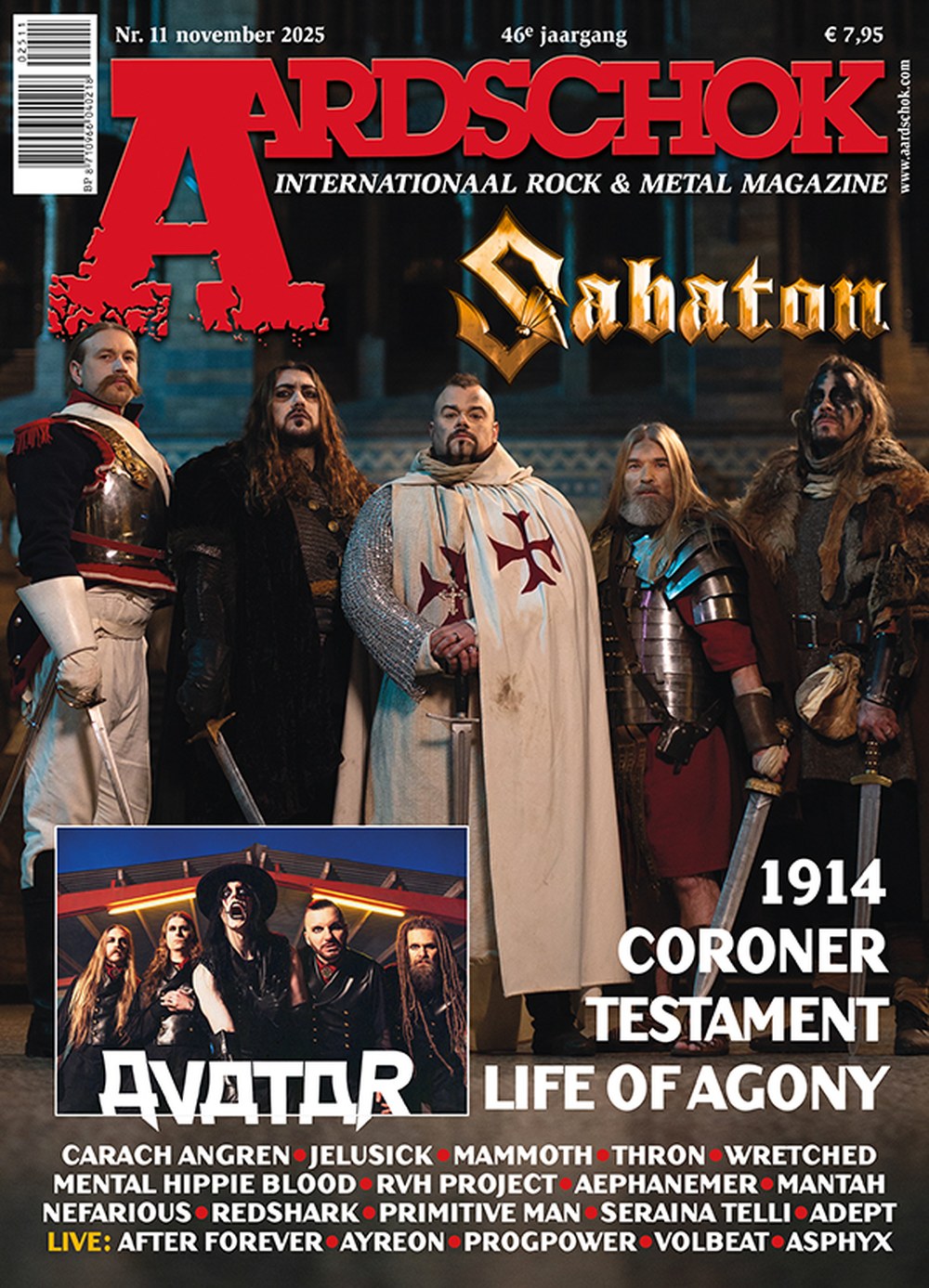 Aardschok Magazine Pays-Bas 2025-11 Sabaton Avatar 1914 Coroner Testament Édition originale