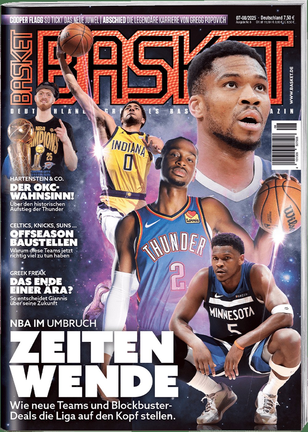 Basket Revista Alemanha 2025-08 Shai Gilgeous-Alexander Anthony Edwards Tyrese Haliburton Giannis Antetokounmpo Isaiah Hartenstein Edição original