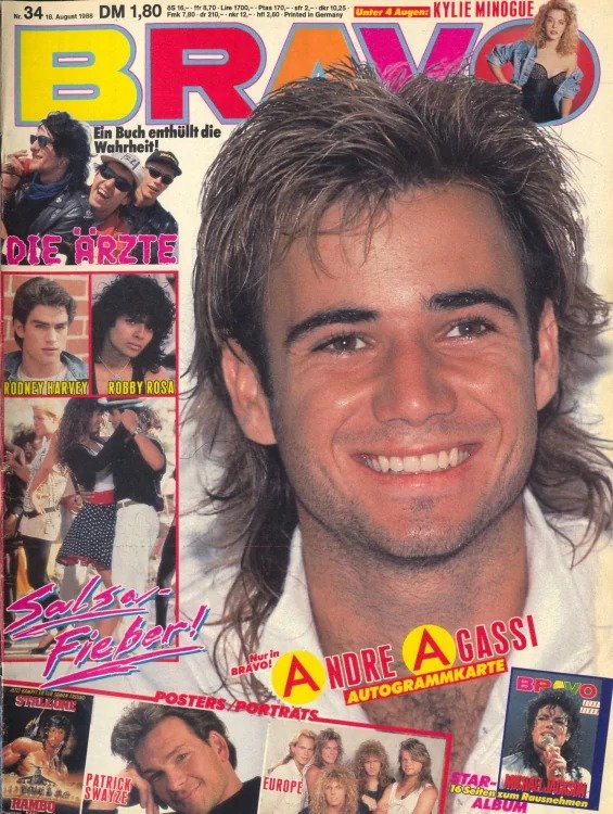 Bravo Lehti Saksa 1988-34 – Andre Agassi Kylie Minogue Rodney Harvey Robby Rosa Sylvester Stallone – Alkuperäinen painos