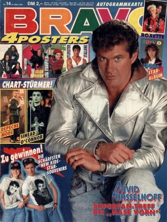 Bravo Magasin Tyskland 1990-14 – David Hasselhoff Sinéad O'Connor Lisa Stansfield Sylvester Stallone Jason Donovan – Originalutgåva