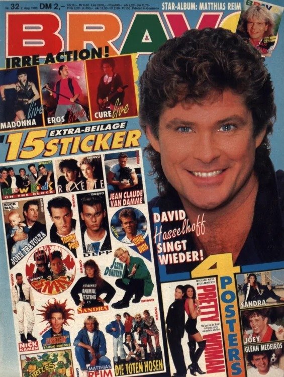Bravo Magasin Tyskland 1990-32 – David Hasselhoff Madonna Eros Ramazzotti Johnny Depp John Travolta – Originalutgåva