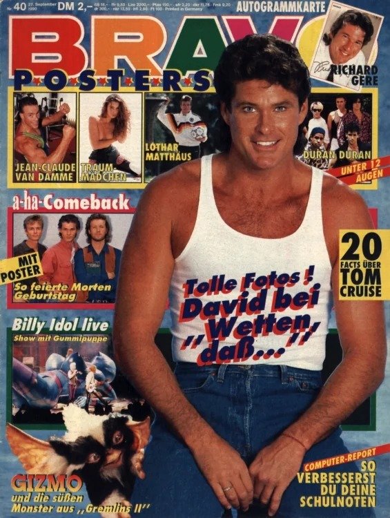 Bravo Magasin Tyskland 1990-40 – David Hasselhoff Richard Gere Tom Cruise Jean-Claude Van Damme Lothar Matthäus – Originalutgåva