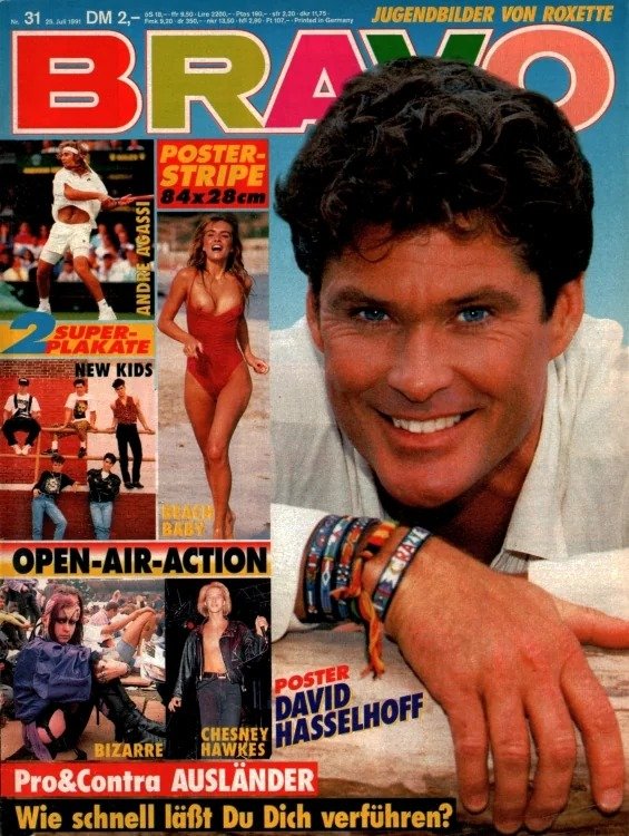 Bravo Magazine Allemagne 1991-31 – David Hasselhoff Andre Agassi Chesney Hawkes New Kids On The Block Roxette – Édition originale