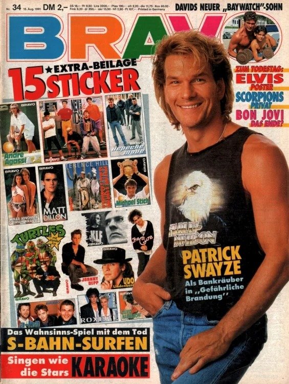 Bravo Lehti Saksa 1991-34 – Patrick Swayze Andre Agassi Matt Dillon Michael Stich Milla Jovovich – Alkuperäinen painos
