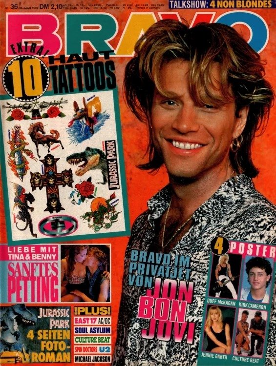 Bravo Magasin Tyskland 1993-35 – Jon Bon Jovi Duff McKagan Kirk Cameron Jennie Garth Michael Jackson – Originalutgåva