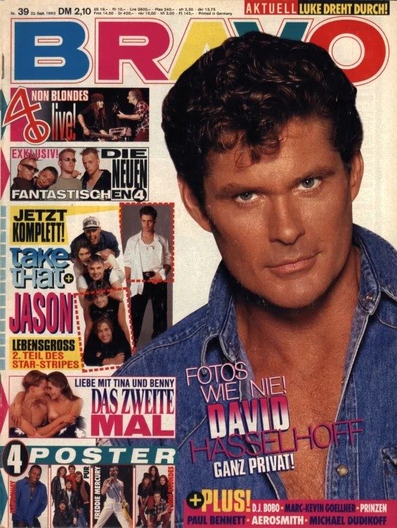 Bravo Magasin Tyskland 1993-39 – David Hasselhoff Jason Priestley Freddie Mercury 4 Non Blondes Die Fantastischen Vier – Originalutgåva