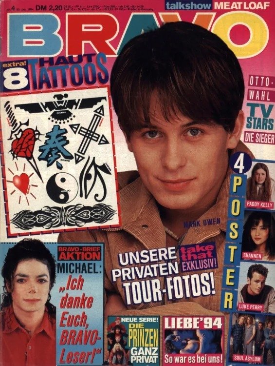 Bravo Lehti Saksa 1994-04 – Mark Owen Michael Jackson Paddy Kelly Shannon Doherty Luke Perry – Alkuperäinen painos