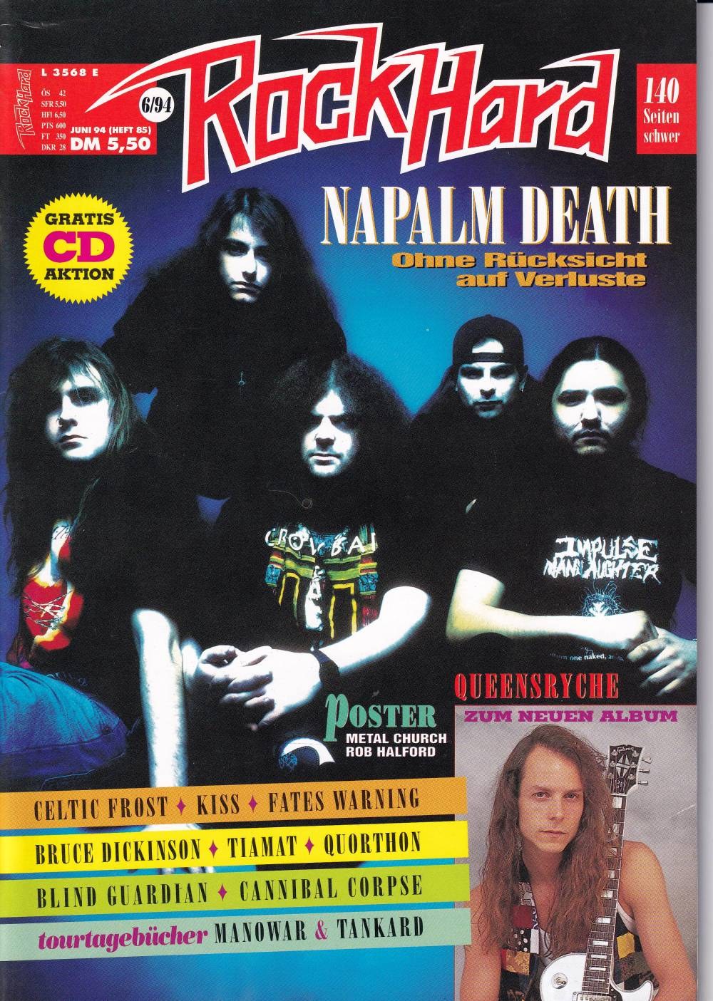Rock Hard Magazine Germany 1994-06 Napalm Death Queensrÿche Celtic Frost Kiss Fates Warning Original Print Issue
