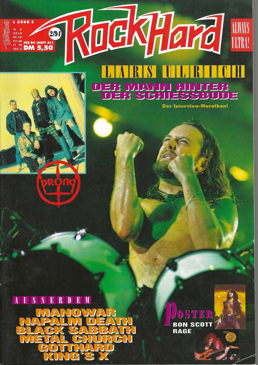 Rock Hard Magazin Deutschland 1994-02 Lars Ulrich Prong Bon Scott Manowar Napalm Death