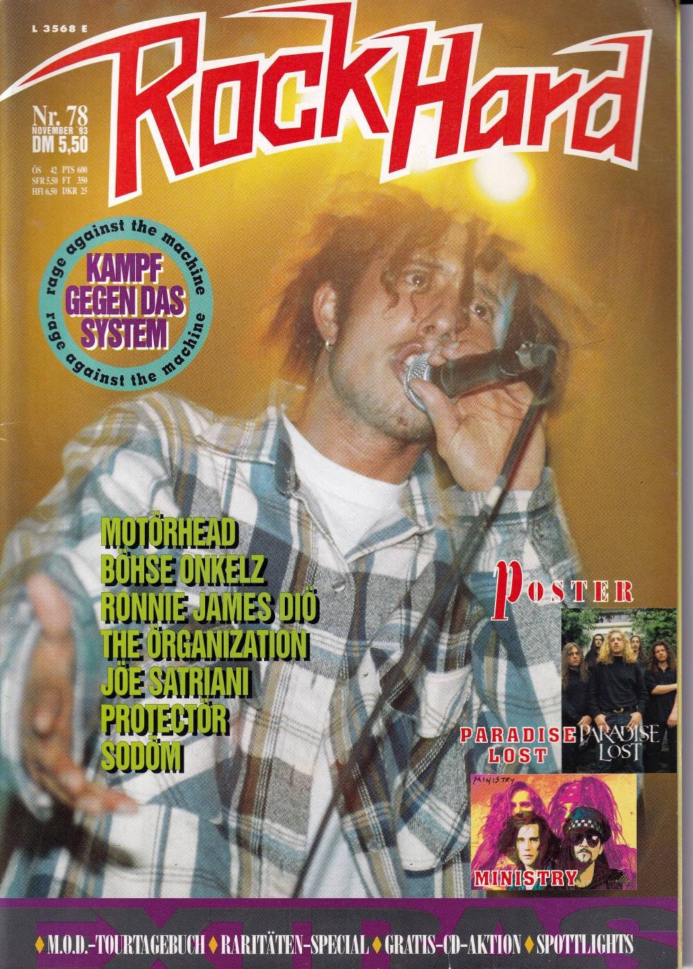 Rock Hard Magazine Allemagne 1993-11 – Zack De La Rocha Ronnie James Dio Joe Satriani Rage Against The Machine Motörhead – Édition originale