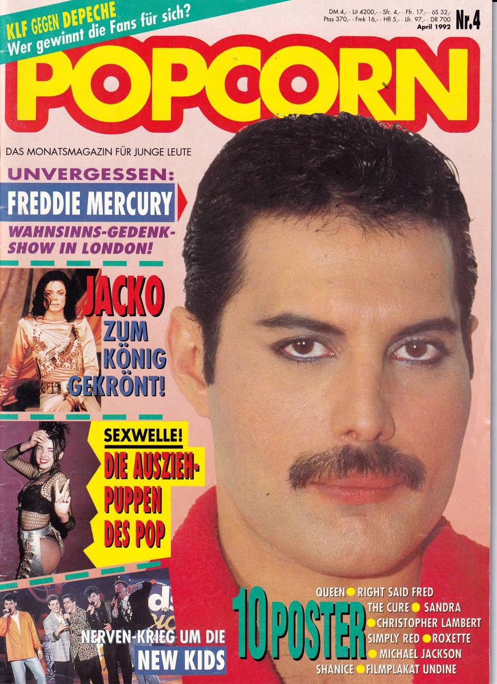 Popcorn Magasin Tyskland 1992-04 Freddie Mercury Michael Jackson Right Said Fred Sandra Christopher Lambert Originalutgåva