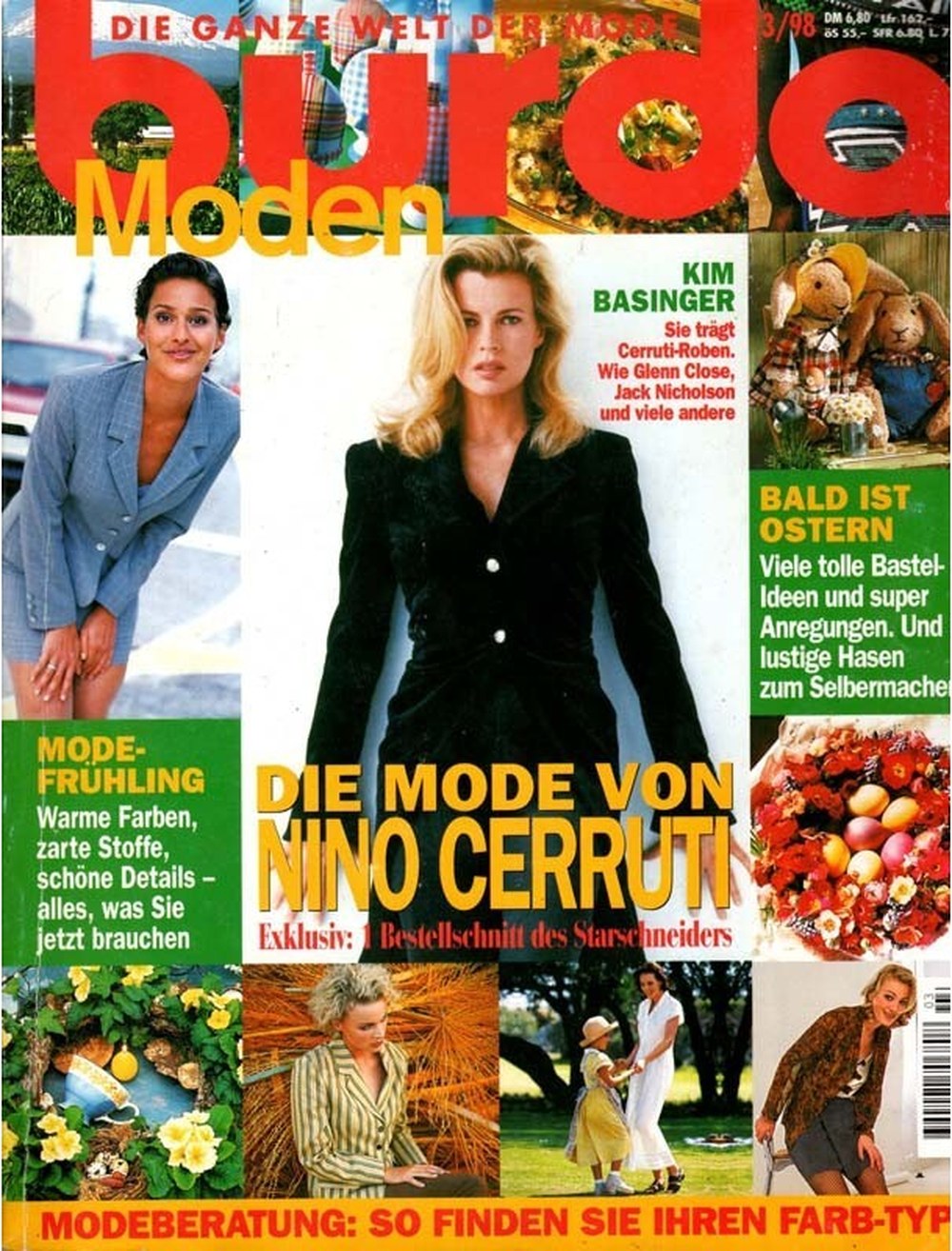 Burda Moden Revista Alemanha 1998-03 – Kim Basinger Nino Cerruti Glenn Close Jack Nicholson – Edição original