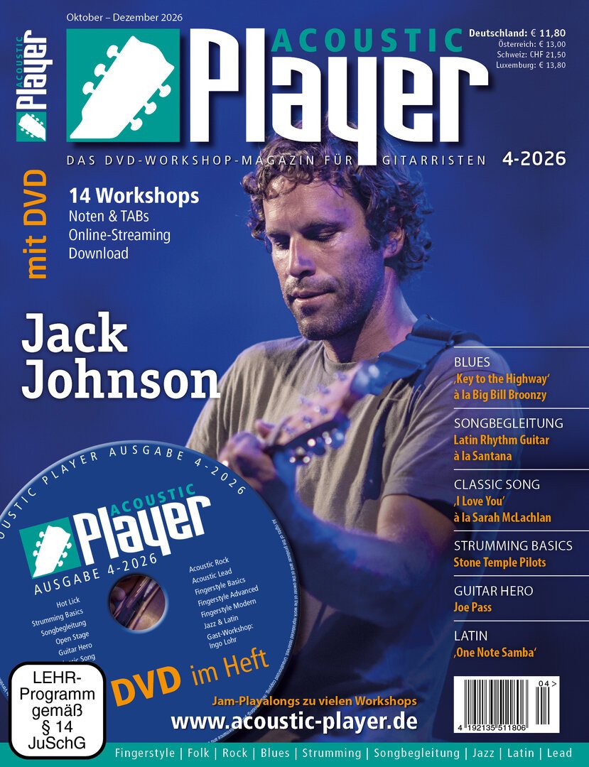 Acoustic Player Magasin Tyskland 2026-04 – Jack Johnson Joe Pass Sarah McLachlan Stone Temple Pilots Santana – Originalutgåva