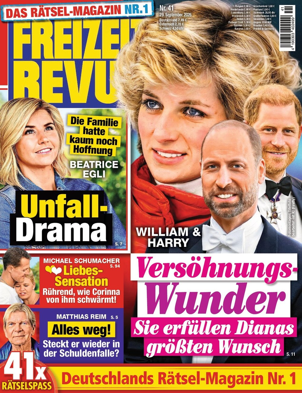 Freizeit Revue Revista Alemania 2026-41 – Diana, Princess Of Wales William, Prince Of Wales Prince Harry Beatrice Egli Michael Schumacher – Edición original