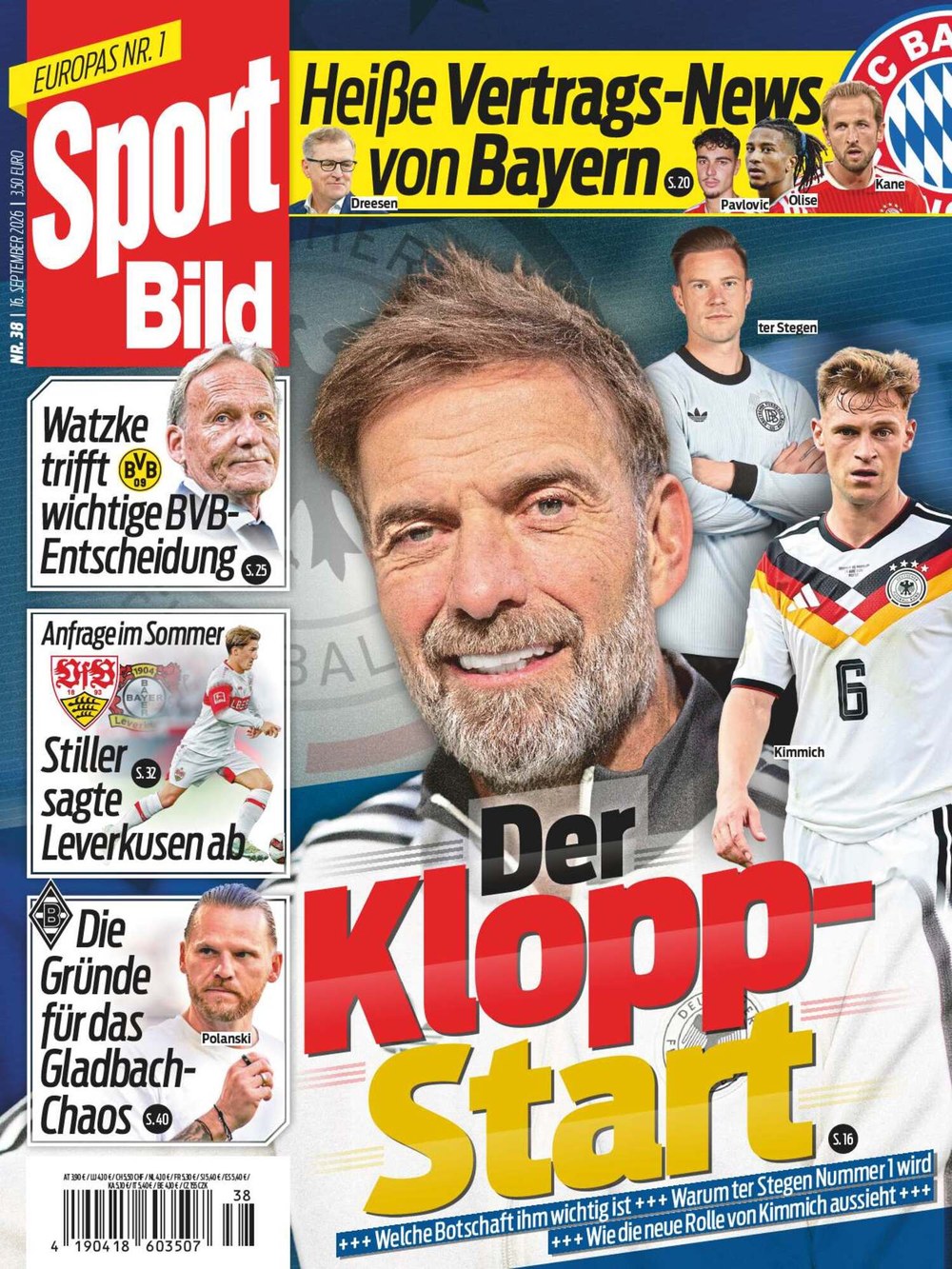 Sport Bild Tijdschrift Duitsland 2026-38 – Jürgen Klopp Joshua Kimmich Marc-André Ter Stegen Harry Kane Michael Olise – Originele uitgave
