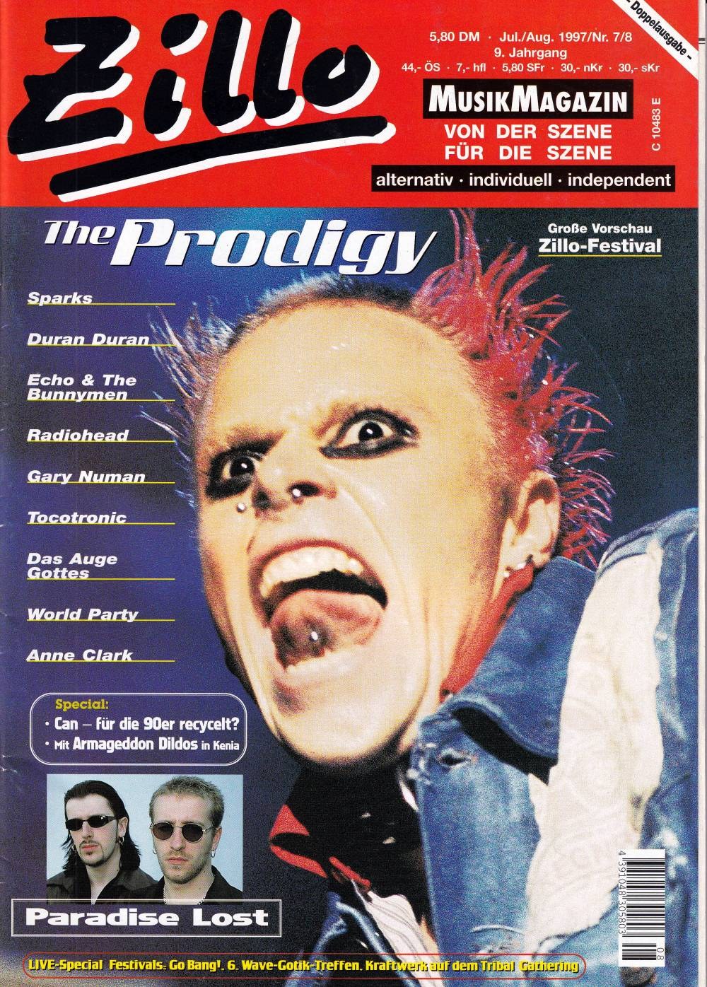 Zillo Magasin Tyskland 1997-07 – Keith Flint Paradise Lost Sparks Duran Duran Echo & The Bunnymen – Originaludgave