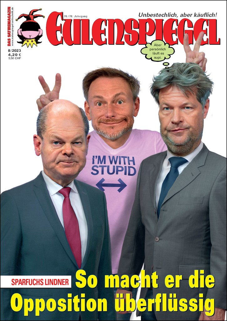 Eulenspiegel Magasin Tyskland 2023-08 – Christian Lindner Olaf Scholz Robert Habeck – Originaludgave