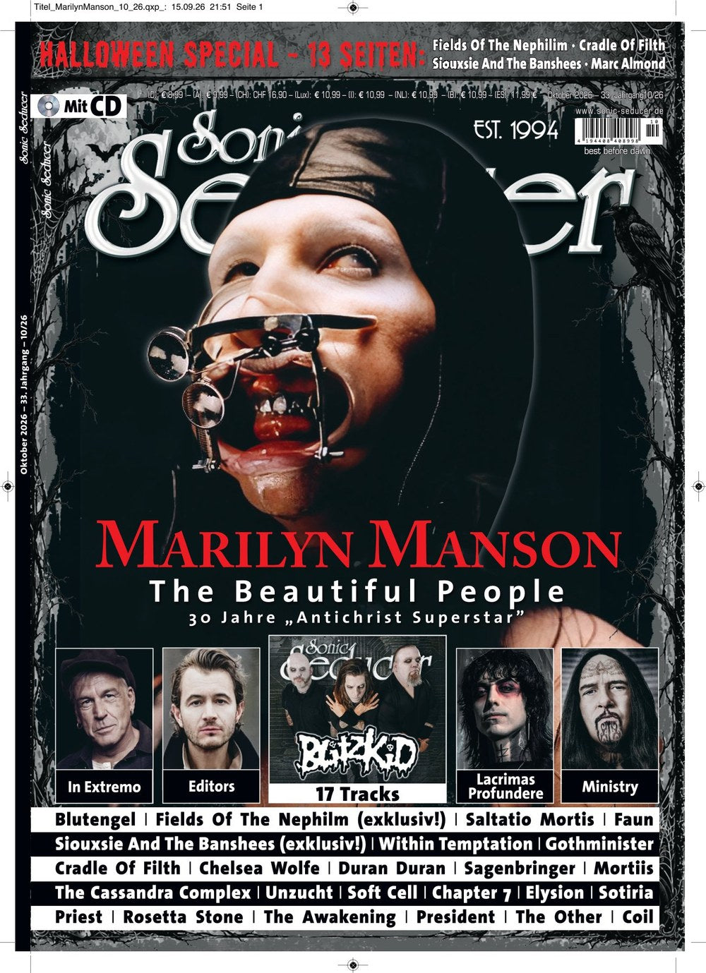 Sonic Seducer Tijdschrift Duitsland 2026-10 – Marilyn Manson In Extremo Editors Lacrimas Profundere Ministry – Originele uitgave