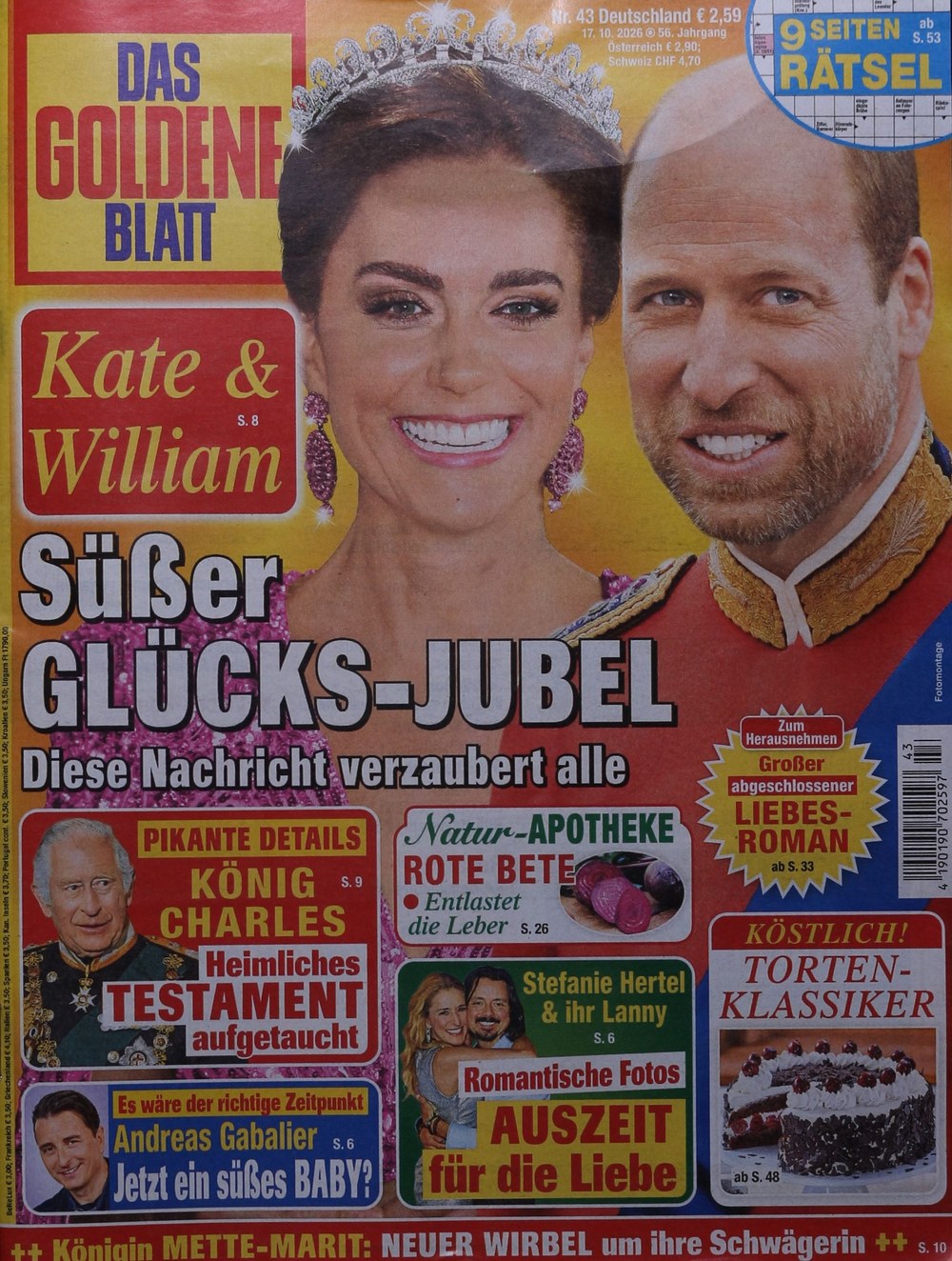 Das Goldene Blatt Tijdschrift Duitsland 2026-43 – Catherine, Princess Of Wales William, Prince Of Wales Charles III. Stefanie Hertel Andreas Gabalier – Originele uitgave
