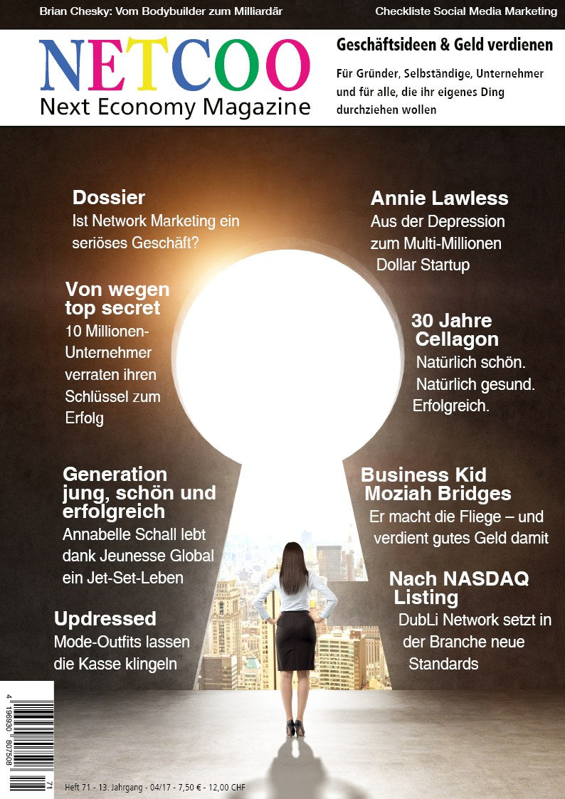 Netcoo Magazin Deutschland 2017-04 Annie Lawless Annabelle Schall Moziah Bridges Brian Chesky DubLi Network