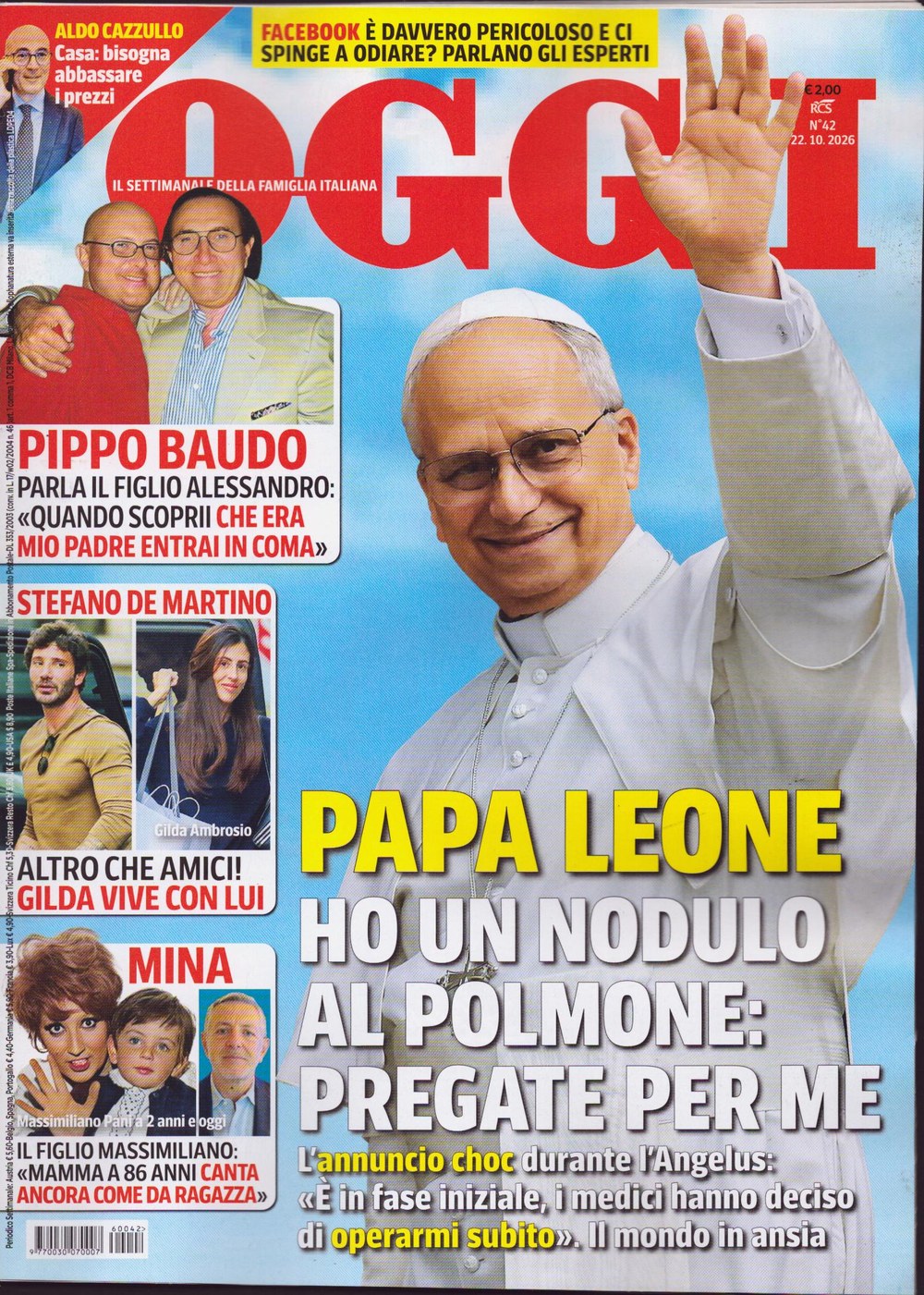 Oggi Revista Italia 2026-42 – Papa Leone Pippo Baudo Stefano De Martino Gilda Ambrosio Mina – Edición original