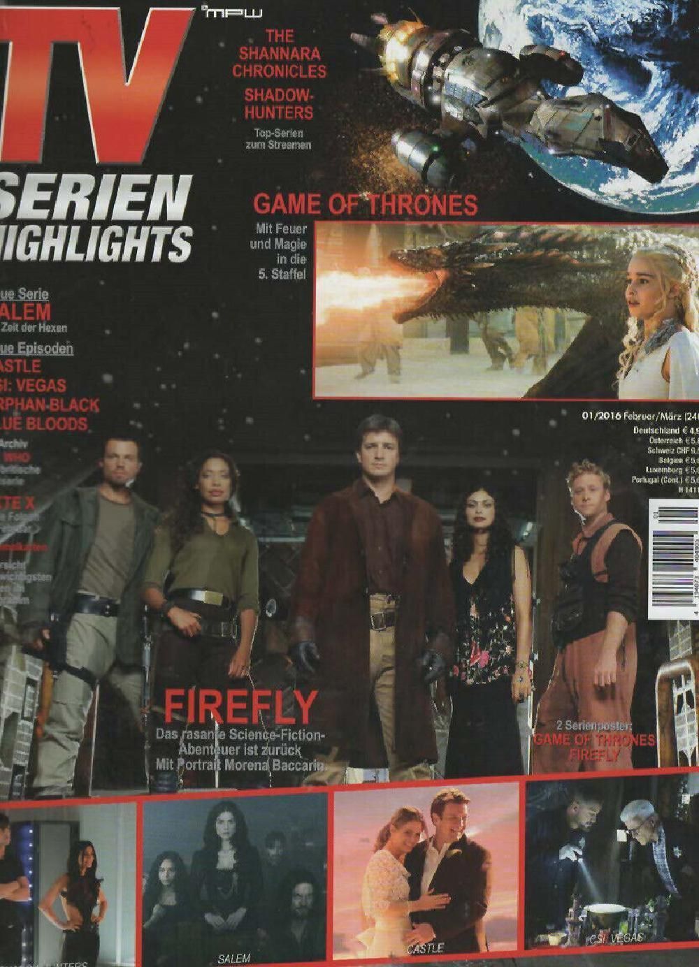 TV Serien Highlights Revista Alemanha 2016 #240 Nathan Fillion Baccarin Edição original