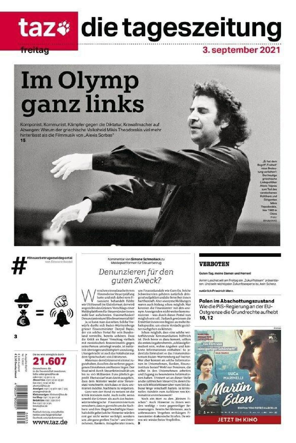 Taz Newspaper Deutschland 2021 03.09.2021 Mikis Theodorakis