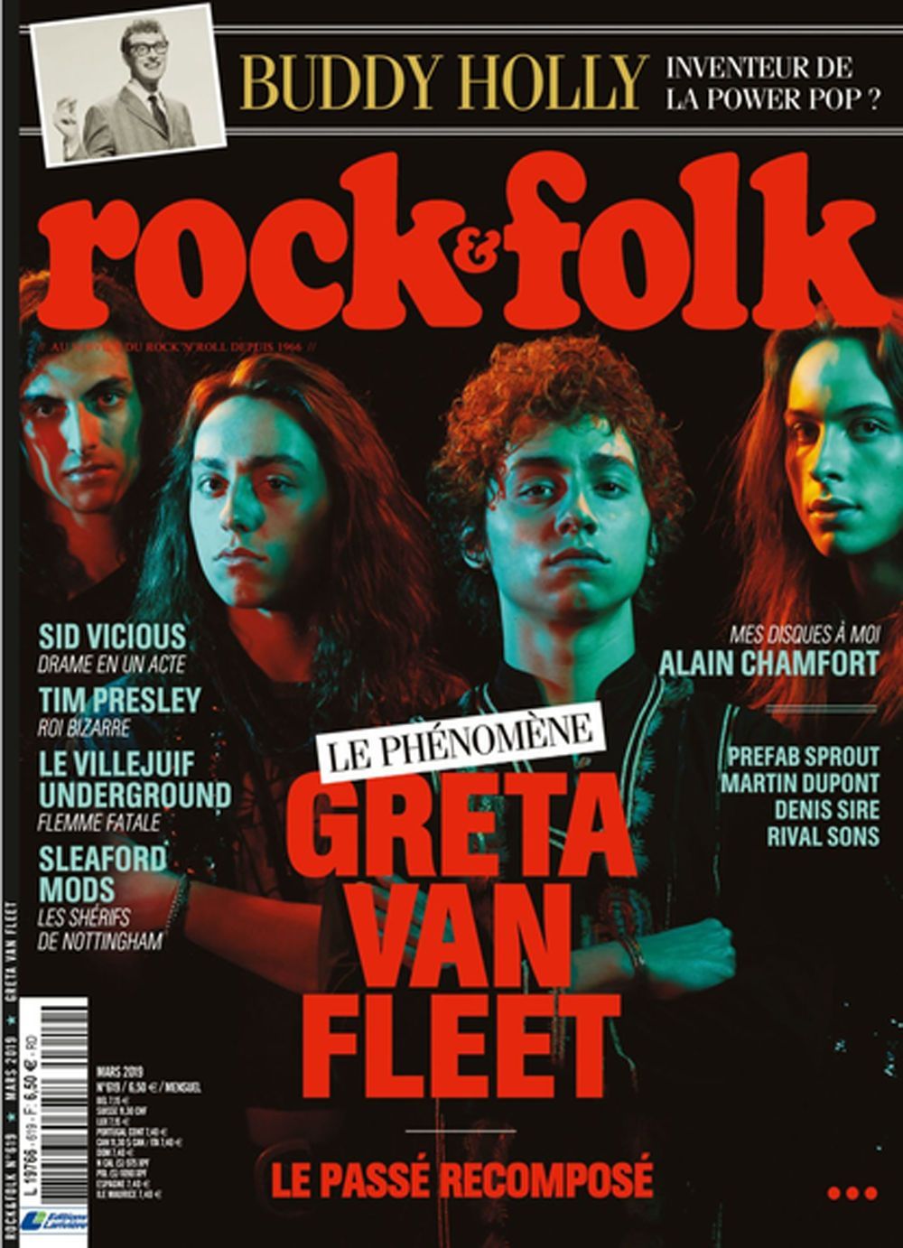 Rock & Folk Magasin Frankrig 2019 #619 Greta Van Fleet Sid Vicious Buddy Holly Originaludgave