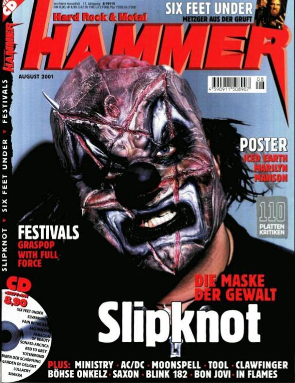 Metal Hammer Magazin Deutschland 2001-08 Slipknot Iced Earth Marilyn Manson ACDC AC/DC