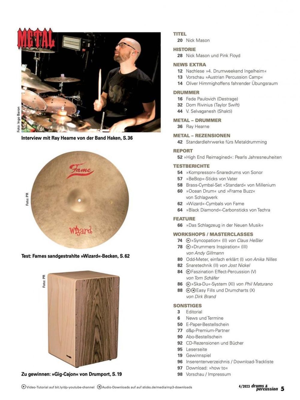 Drums & Percussions Magasin Tyskland 2023-07+08 Nick Mason Pink Floyd Ray Hearne Originaludgave