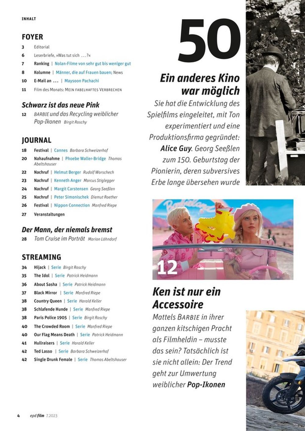 EPD Film Magazine Germany 2023-07 Tom Cruise Barbie Alice Guy