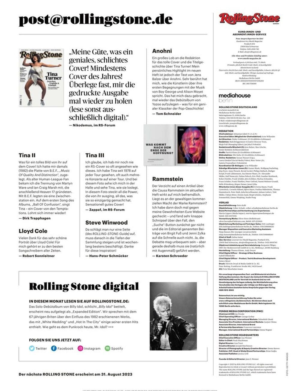 Rolling Stone Magazine Germany 2023-08 #346 500 Best Bruce Springsteen Pet Shop Boys Nico