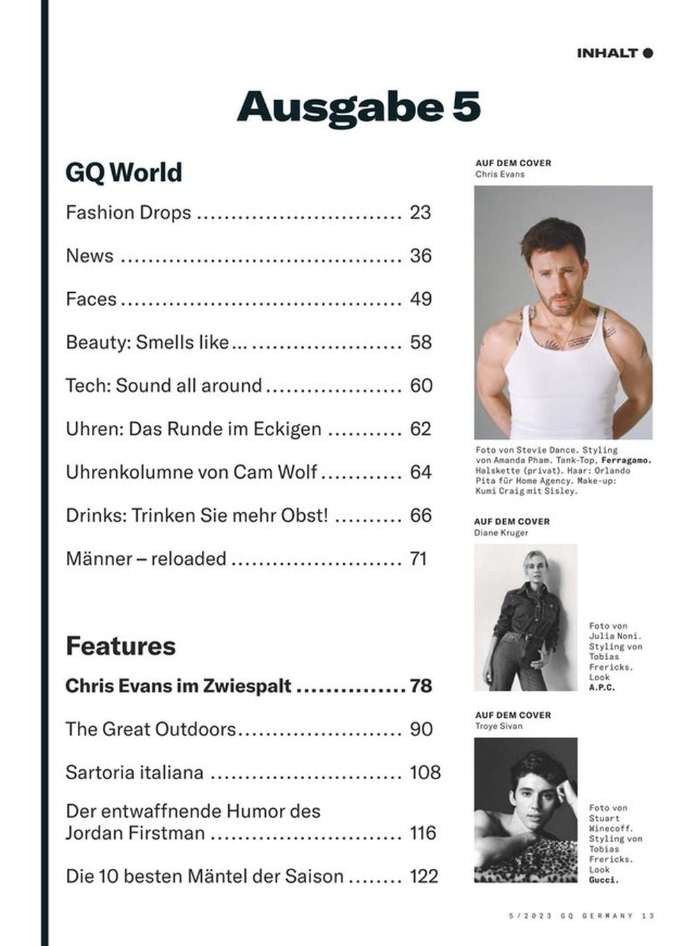 GQ Magazin Deutschland 2023-05 Chris Evans Diane Kruger Troye Sivan